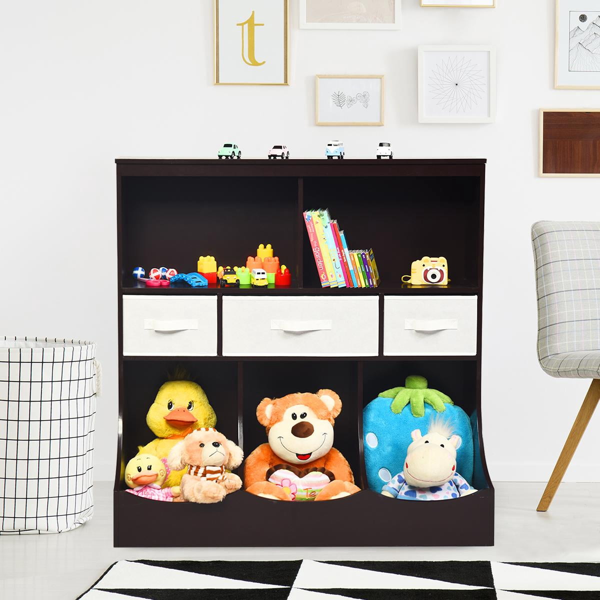 Giantex 3-Tier Kids Bookcase Toddler Storage Organizer Cabinet Shelf w/8 Compartment Box &  Removable Drawers for Children, Espresso
