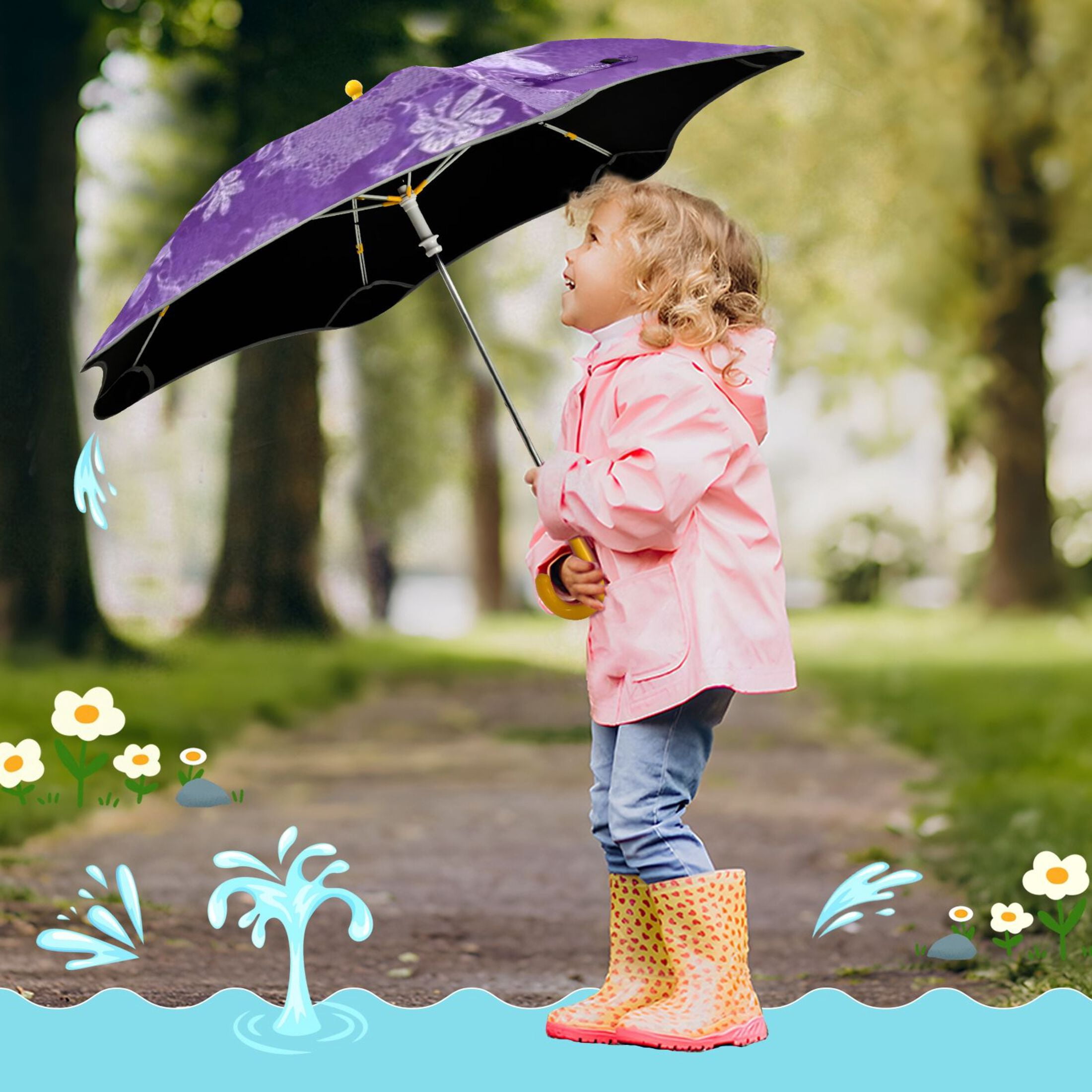 BZSMCE Folding Umbrellas Rain & UV Protection Windproof In Purple Lace Butterfly Botanical Pattern