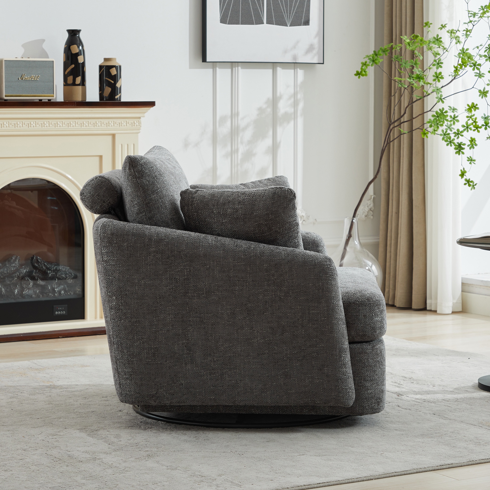 PORKISS Swivel Accent Chair, Modern Barrel Chair with 2 Thorw Pillows, Oversized Comfy Round Armchair Reading Chair, Comfy Chair for Bedroom Living Room, Charcoal