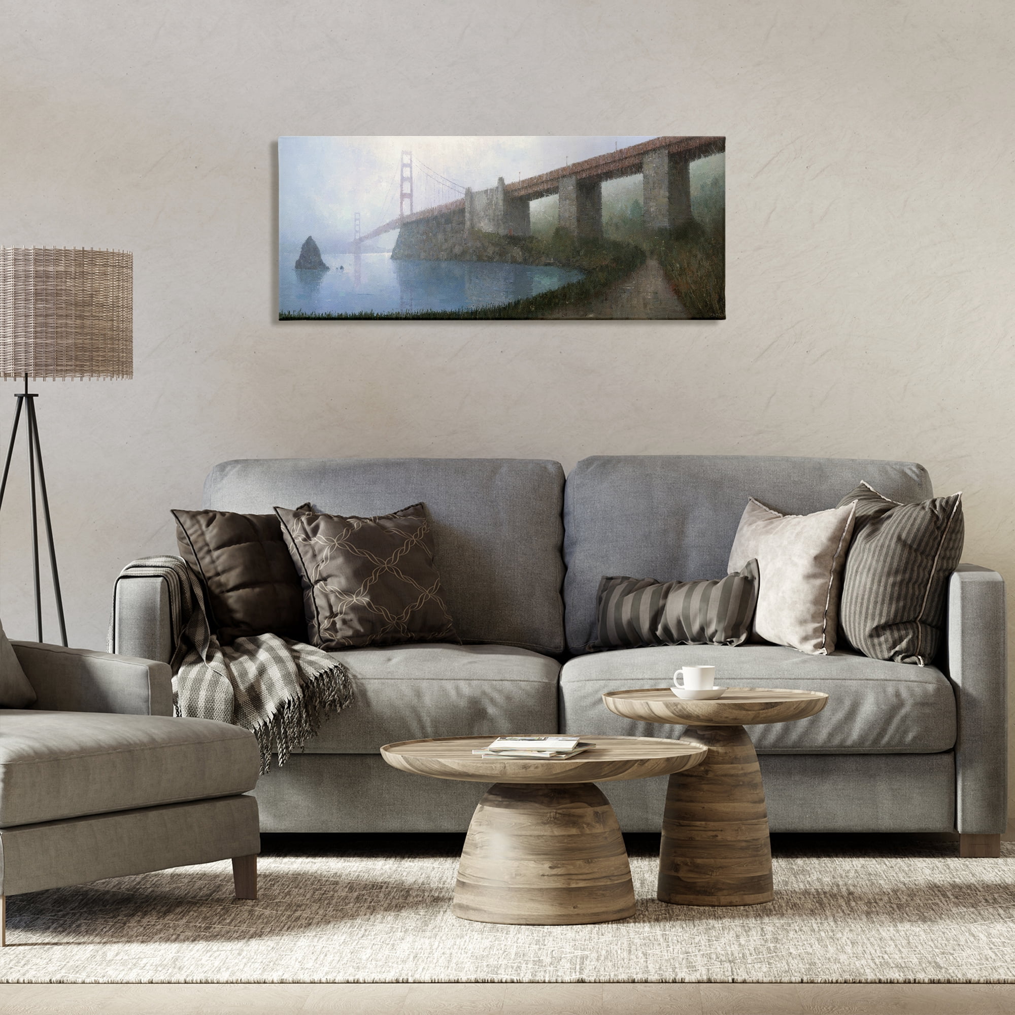 Stupell Industries Bridge over Misty Waters Buildings & Architecture Painting Wrapped Canvas Art Print Wall Art, 40 x 17