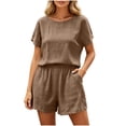 thumbnail image 2 of Costeam Womens Solid Color Crew Neck Two Piece Outfit Short Sleeve Top And Elastic Waist Shorts With Side Seam Pockets Lightweight Cooling Breathable Fabric Loose Fit Casual Set, 2 of 6