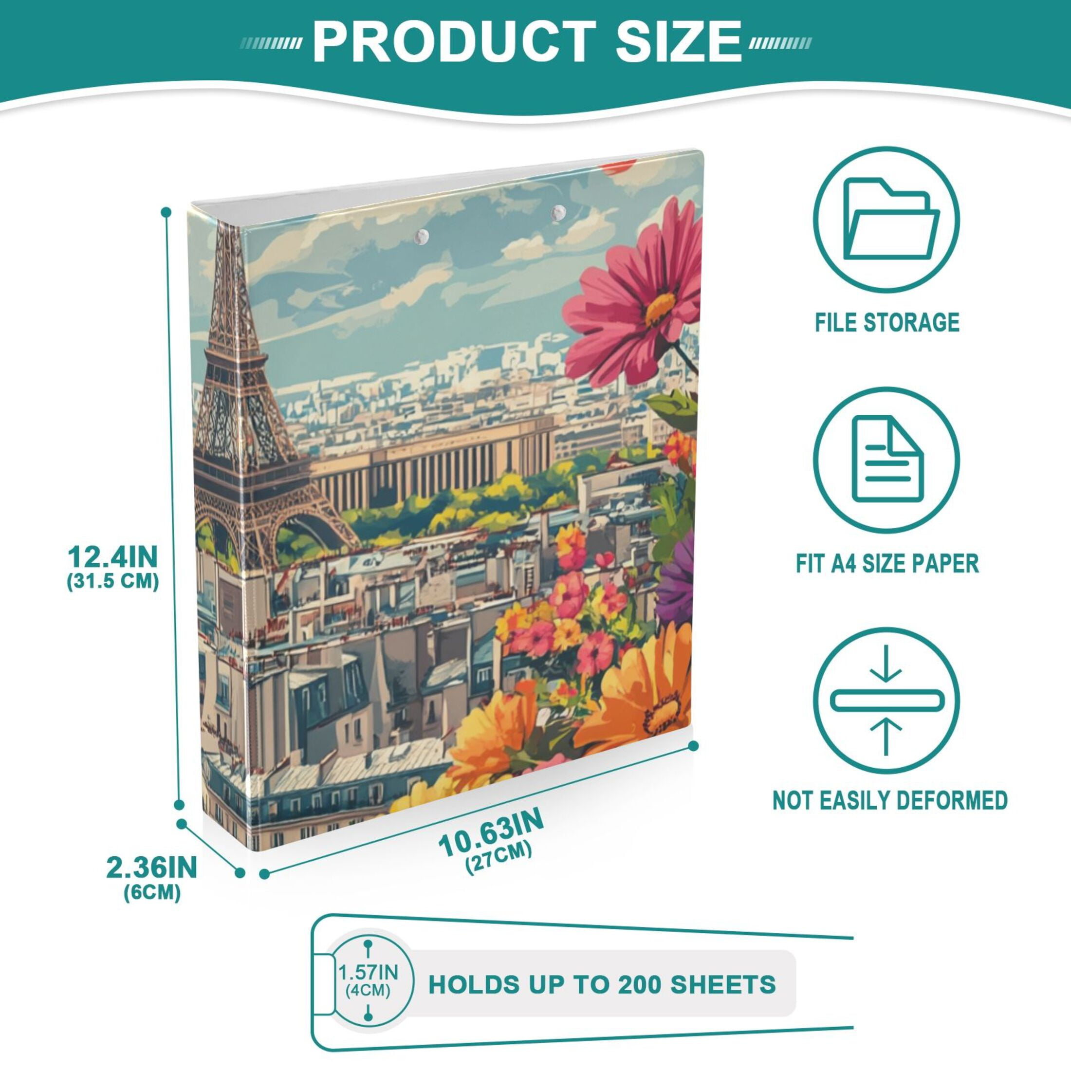 Floral Flowers Tower 3 Ring Binders 1.5 inch Hardcover File Folders with Interior Pockets A4 Size Organizer for School Office Hospital