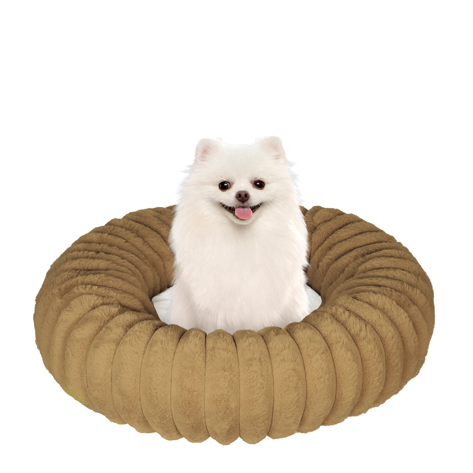 Katieovy Donut Dog Beds for Samll Dogs,Fluffy Calming Dog Beds with Non-Slip Bottomm,20 x 20 inch Washable Round Dog Cat Beds,Khaki