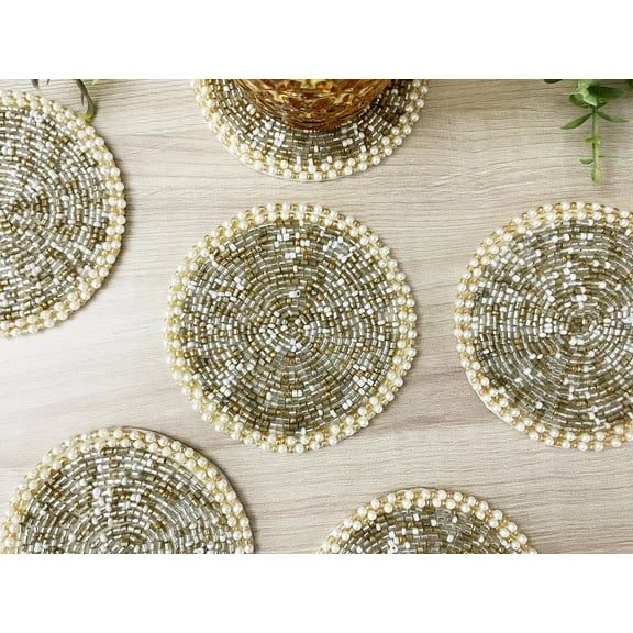 Coasters set of 6, Enliven, drink coasters, gold silver and white beaded coasters, gift for her, housewarming gift