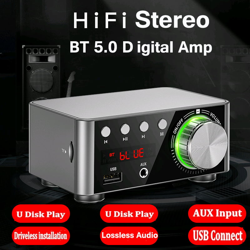KKmoon HIFI BT5.0 Amplificateur Numérique Mini Ampli Audio Stéréo 100W Récepteur Audio Puissance Sonore Double Canal Stéréo AMP USB AUX pour Home Cinéma USB TF Card Player Sliver 
