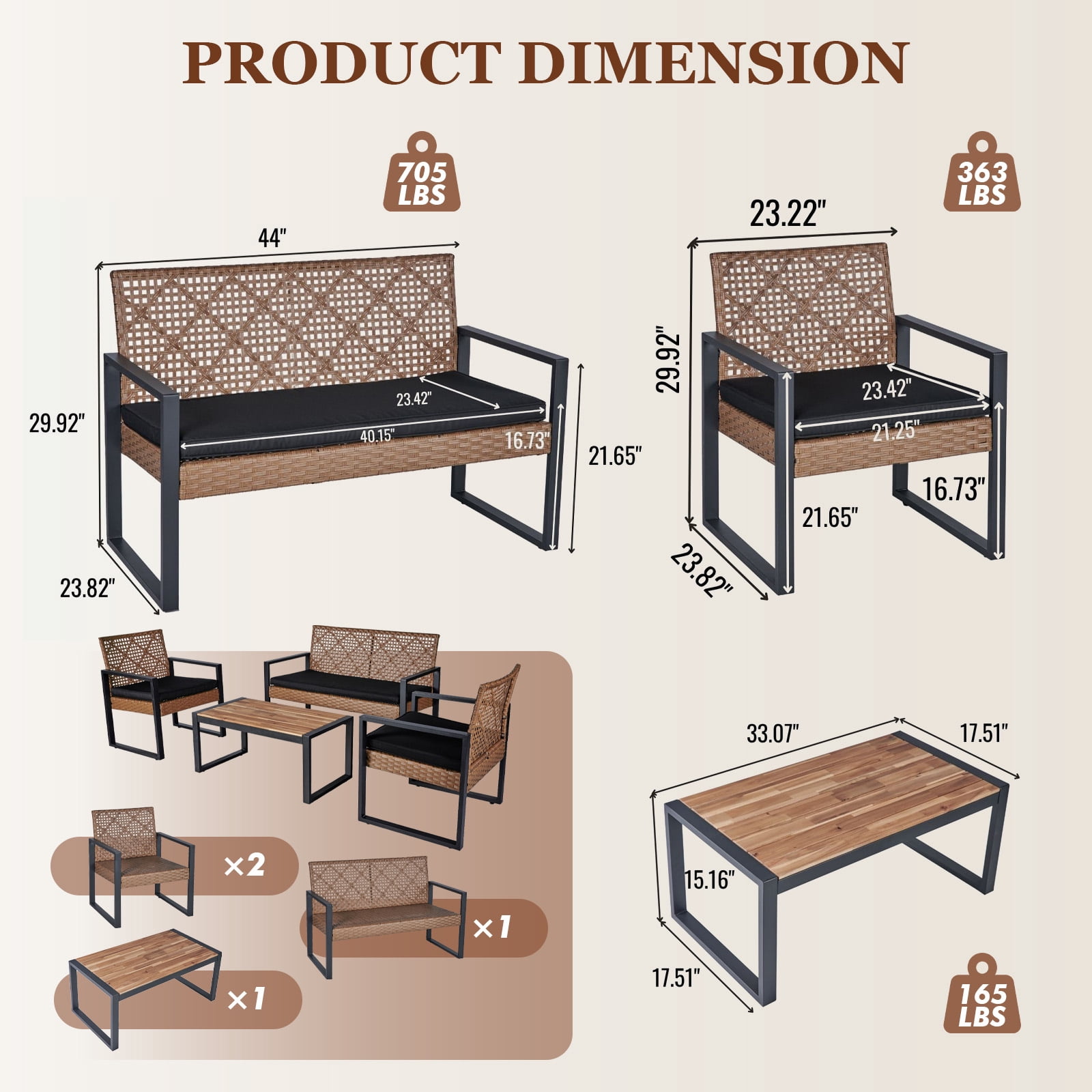 MOONMISS 4-Piece Wicker Outdoor Garden Furniture Corner Sofa Set With Cushions-Light Brown