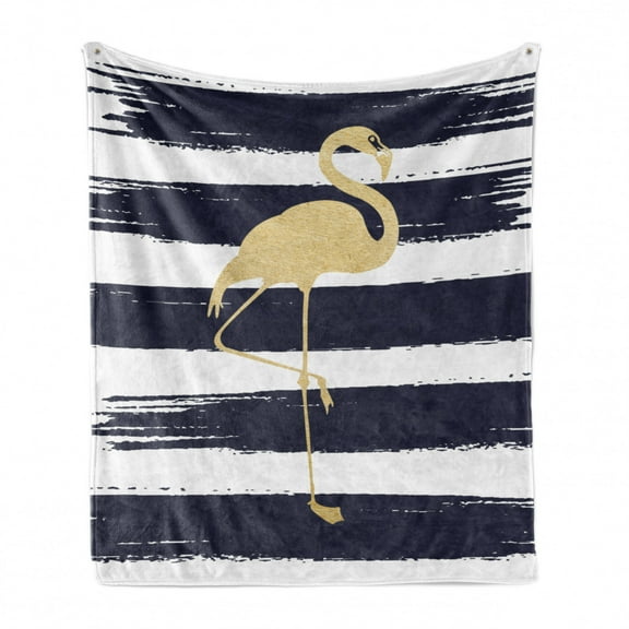 Flamingo Soft Flannel Fleece Throw Blanket, Golden Yellow Flamingo Design Theme with Brushstroke Background, Cozy Plush for Indoor and Outdoor Use, 50" x 70", Dark Blue Mustard White, by Ambesonne