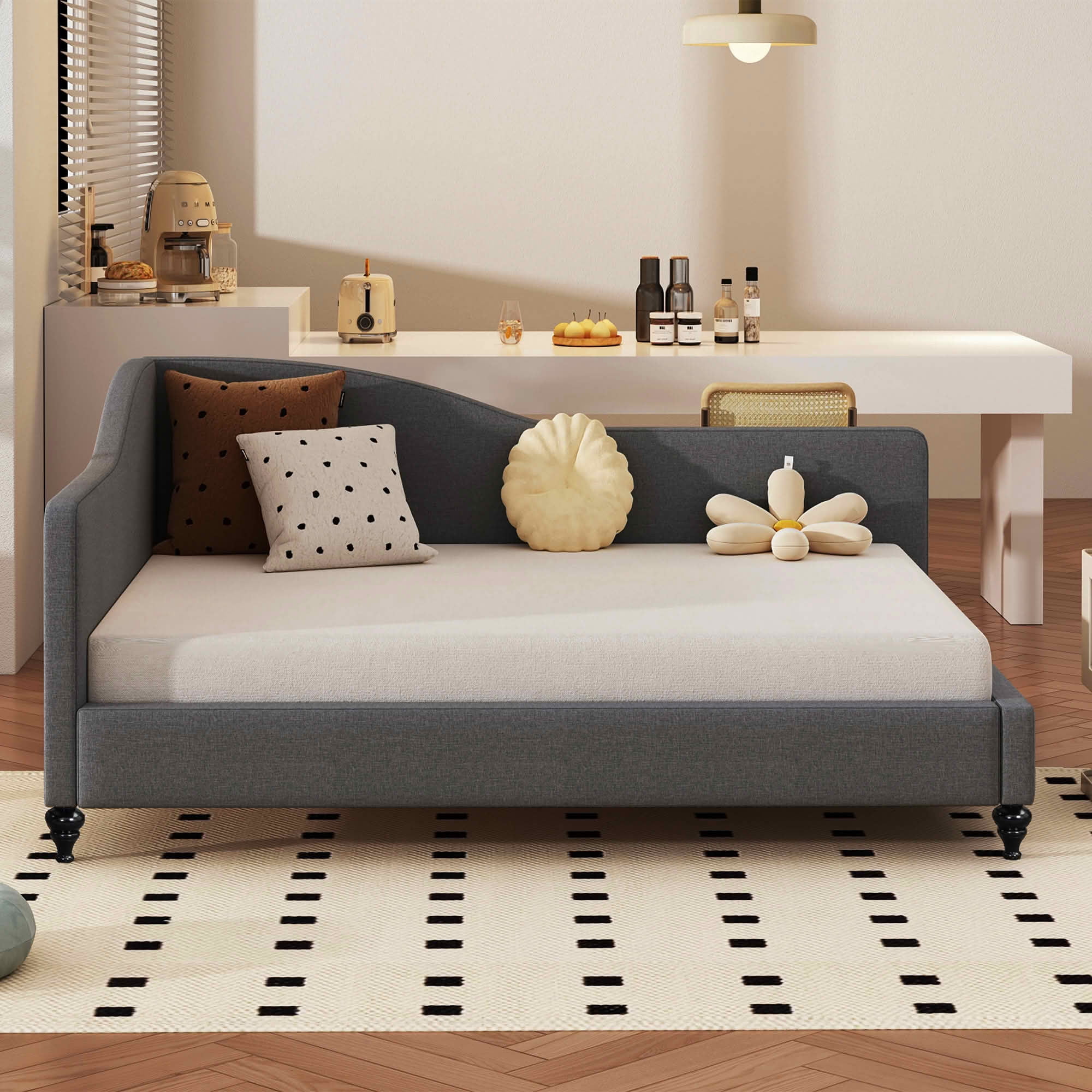 MAYEERTY L-Shaped Semi-Enclosed Upholstered Daybed with Solid Wood Legs, Twin & Full Size Available