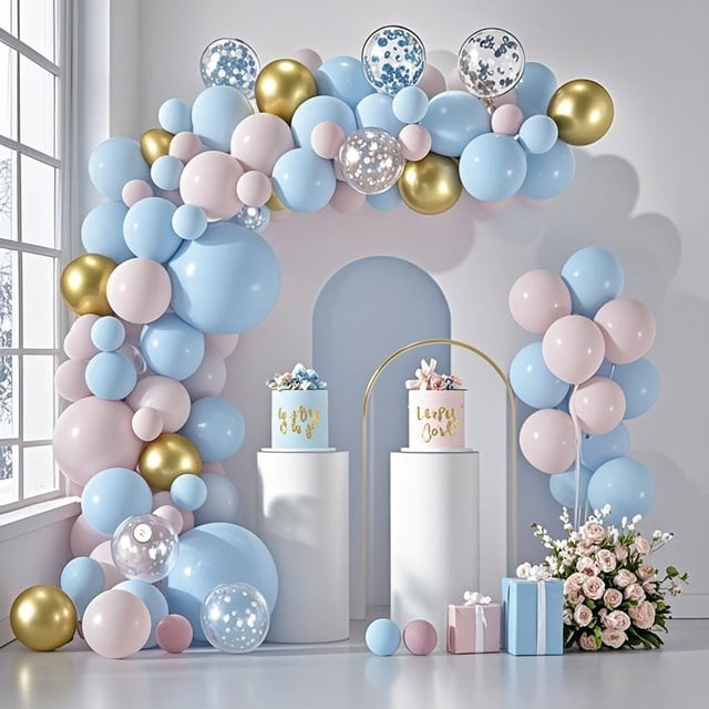 Kit de arco de guirnalda de globos rosa y azul, 5 + 10 + 12 pulgadas, globos de cumpleaños de confeti rosa, decoraciones de cumpleaños azules para mujeres y niñas, princesas, compromiso,