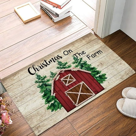 

Front Door Mats Entrance Rug for Absorbent Dirt Red Barn Christmas Tree on Vintage Wooden Planks Doormat Kitchen Bathroom Carpet Welcome Mat Low Profile Shoe Scraper Door Mats 24x16 Inch