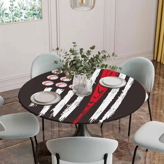 Fitted Tablecloth for Round Table, American Flag Baseball Table Cover with Elastic Edge Waterproof Table Cloth, Patriot Black and White Red Circle Table Covers for Kitchen Indoor Outdoor Picnic Party