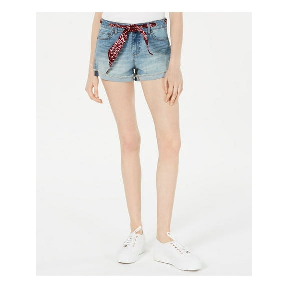Vanilla Star Juniors Bandanna Belted Cuffed Denim Shorts