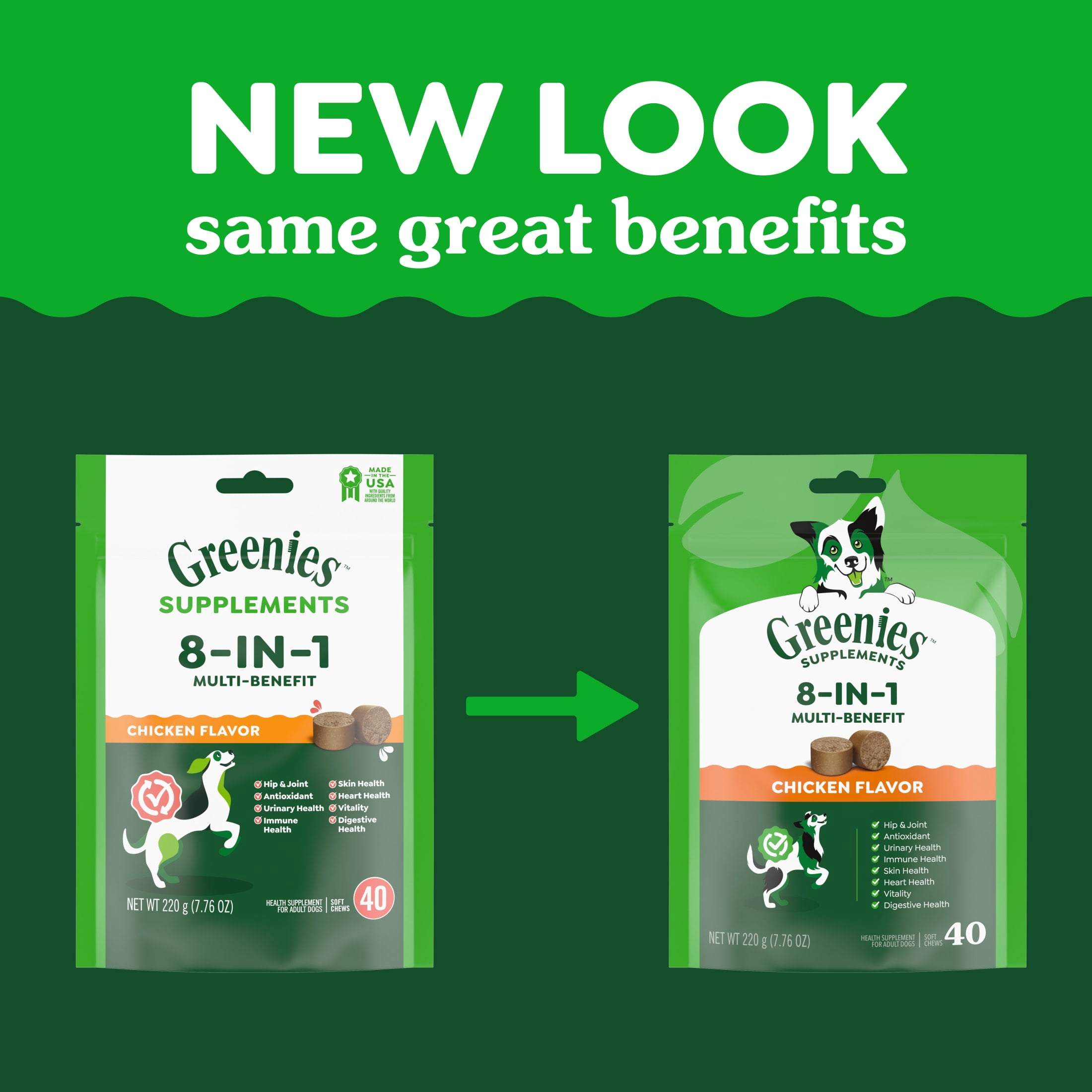 Greenies Supplements Chicken Flavor 8-in-1 Multi-Benefit Soft Dog Chews, 7.76 oz Pouch, 40 Count
