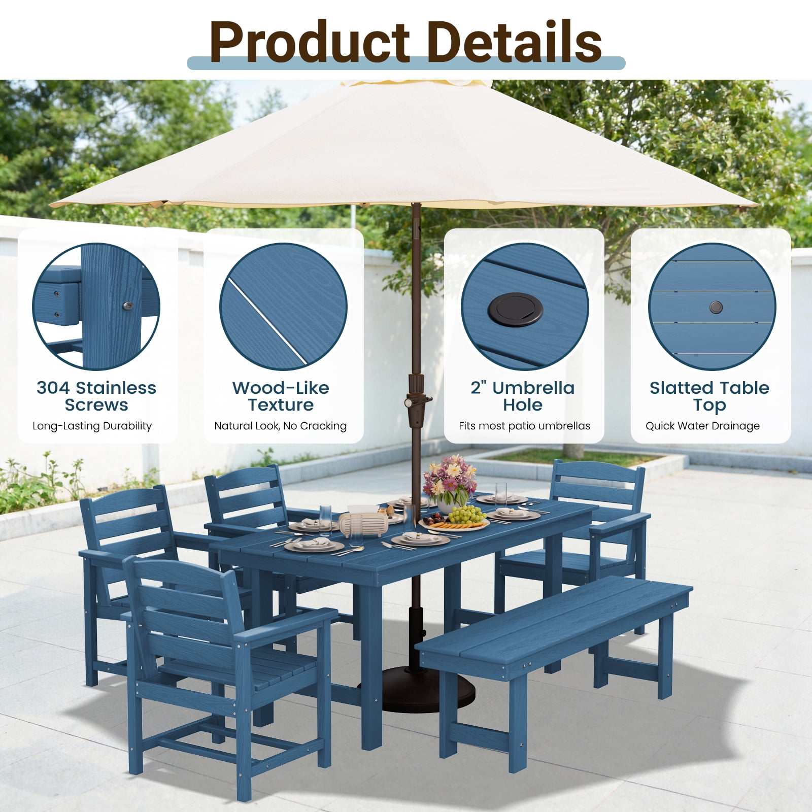 LOYALICE 6 Pieces Patio Furniture Set, HDPE Outdoor Dining Table Set with 1 Bench, 4 Chairs, Durable and Weather-Resistant for Patio, Garden and Balcony Use, Navy Blue
