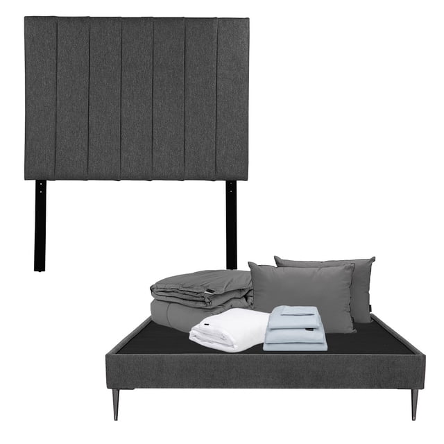 Box Base Cama Slim Queen Size+Cabecera Argos Gris Carbon+Almohada 2Pack+Protector Cloud+Sabanas Softy+Edredon Homy