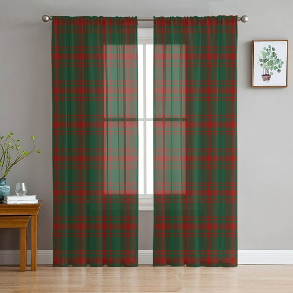 Red Green Plaid, Sheer Curtains 96 Inches Long 2 Panels Set, Window Sheer Curtains for Living Room/Bedroom, Xmas Country Retro Buffalo Plaid Light Filtering Rod Pocket Curtain 52'' x 96'' x 2