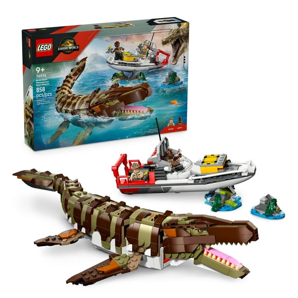 LEGO Jurassic World Brick-Built Mosasaurus Boat Mission Dinosaur Toy for Kids, Boys, and Girls, 9+ - Poseable Dinosaur plus LeClerc and Atwater Minifigures - Gift Idea for Young Movie Fans - 76794