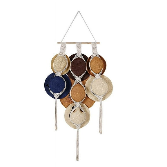 Nvzi-c Macrame Hat Hangers Boho Hat Rack for Wall Hat Holder Display Organizer Bobo Hanging Hat Organizer Storage for Wide Brim Hats，66.9*17.7in，White