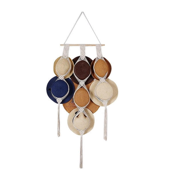 Nvzi Perchas de macramé para sombreros, perchero boho para colgar en la pared,organizador de almacenamiento para sombreros de ala ancha, 66,9 x 17,7 pulgadas, color blanco