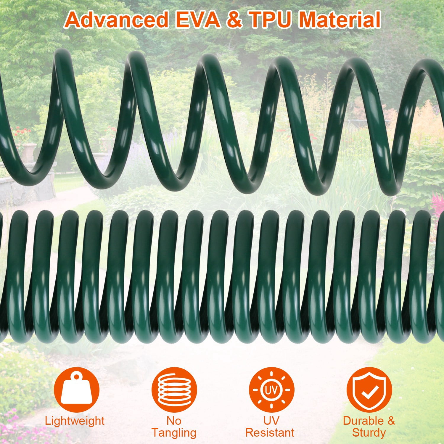 EVA Recoil Garden Hose 65ft Flexible 7 Pattern Spray Nozzle Garden Water Hose with 3/4" and 1/2" Adapter for Boat Greenhouse Yard Patio Green