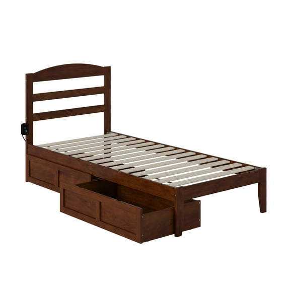 AFI Warren Solid Wood Twin Extra Long Bed w/ 2 Drawers in Walnut