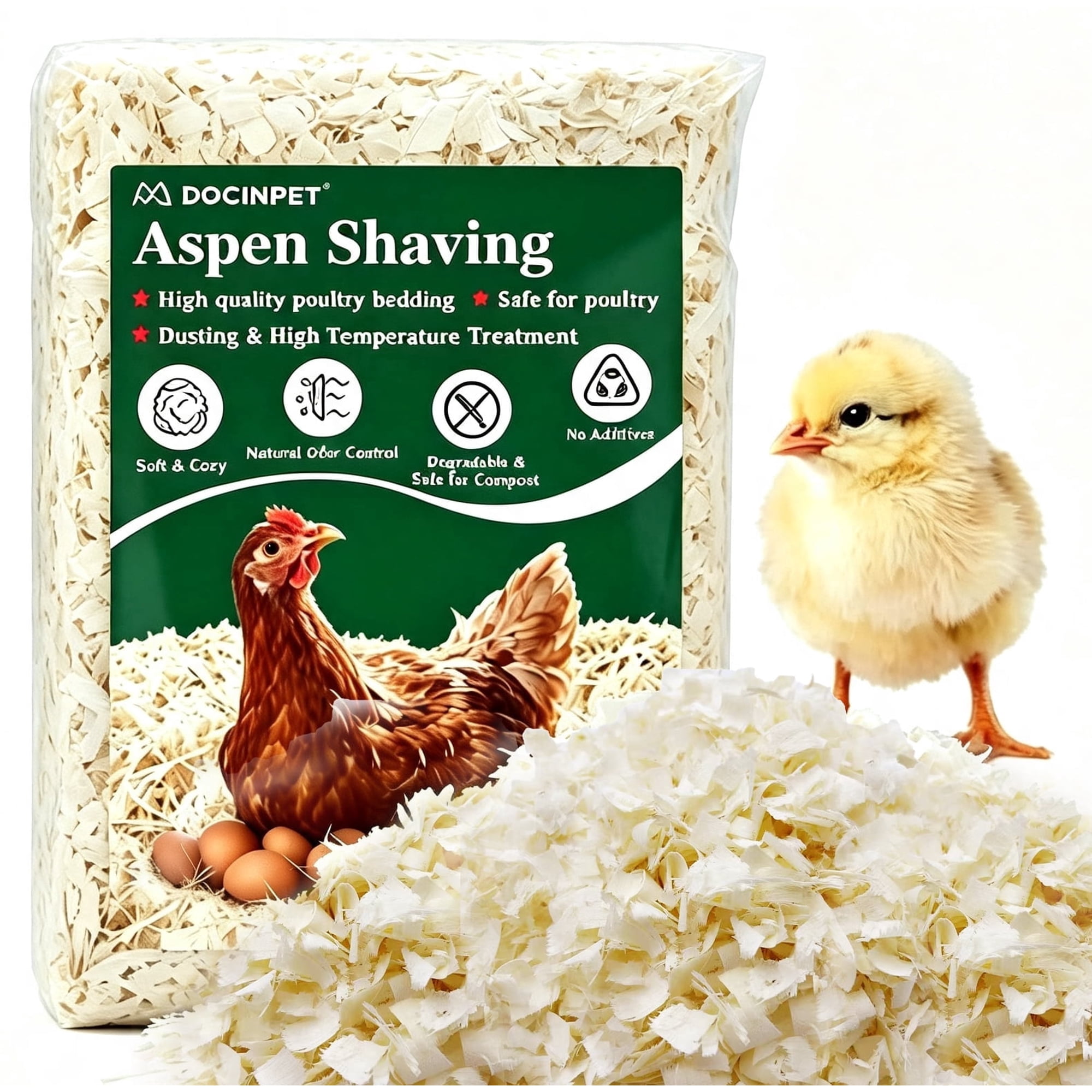 Docinpet Natural Aspen Shavings Pet Bedding 2 Lb, Dust‑Free & Chemical-Free, Ultra-Absorbent Cage Litter for Chickens, Hamsters, Rabbits, Gerbils & Small Animals, Biodegradable Wood Shavings