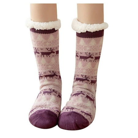 

BIZIZA Women s Fluffy Non Slip Thick Fuzzy Socks Christmas Warm Cozy Soft Slipper Socks Purple One Size