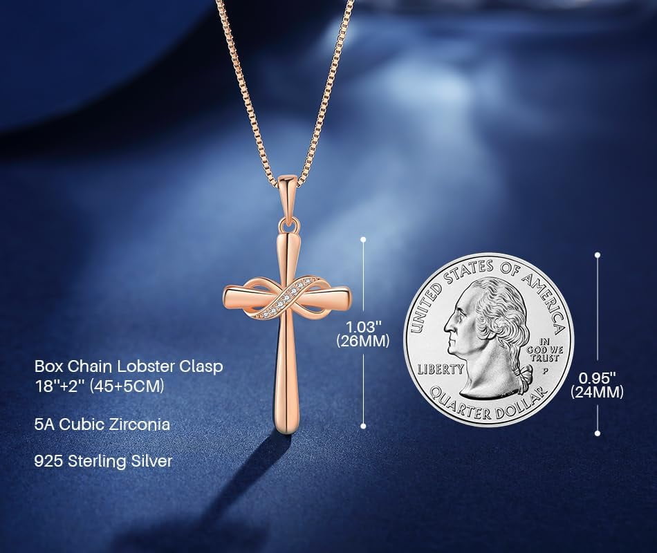 Infinity Cross Necklace for Women 925 Sterling Silver Danity Cross Pendant Necklace Christian Jewelry Baptism Gift 18''+2'' Chain