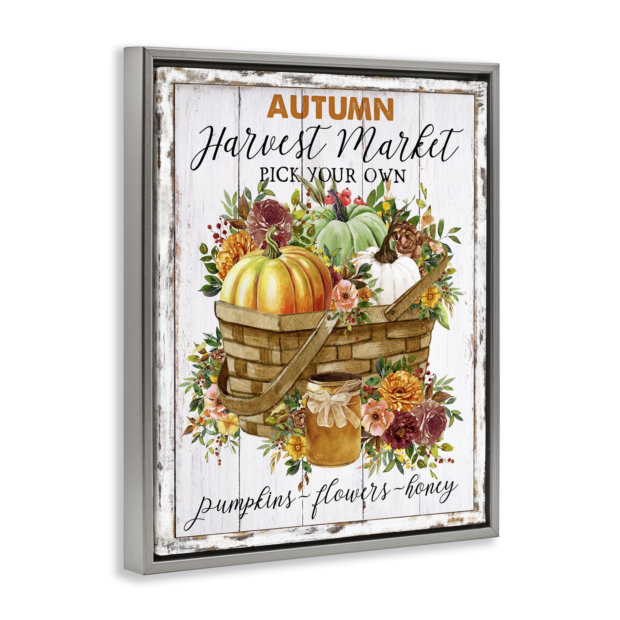Stupell Industries Autumn Floral Market Holiday Painting Gray Floater Framed Canvas Art Prints Wall Art, 17 x 21