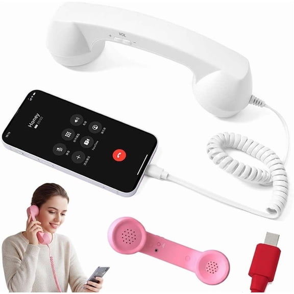Retro Phone Handset for iPhone & Android, Cell Phone Receiver with Microphone & Speaker, Vintage Old School Telephone Handset for Mobile Phones, 90s Style Prop for Photos(Type-C, White)
