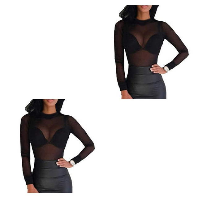 Camiseta Básica Minnieouse Transparente Manga Larga para Mujer Negro XL 2piezas