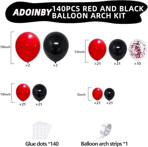 Red and Black Balloon Arch Kit, 140Pcs Different Sizes inch Black and Red Balloons and Confetti Party Balloon Garland Kit for Birthday, Wedding, Graduation, Anniversary, Prom Decorations