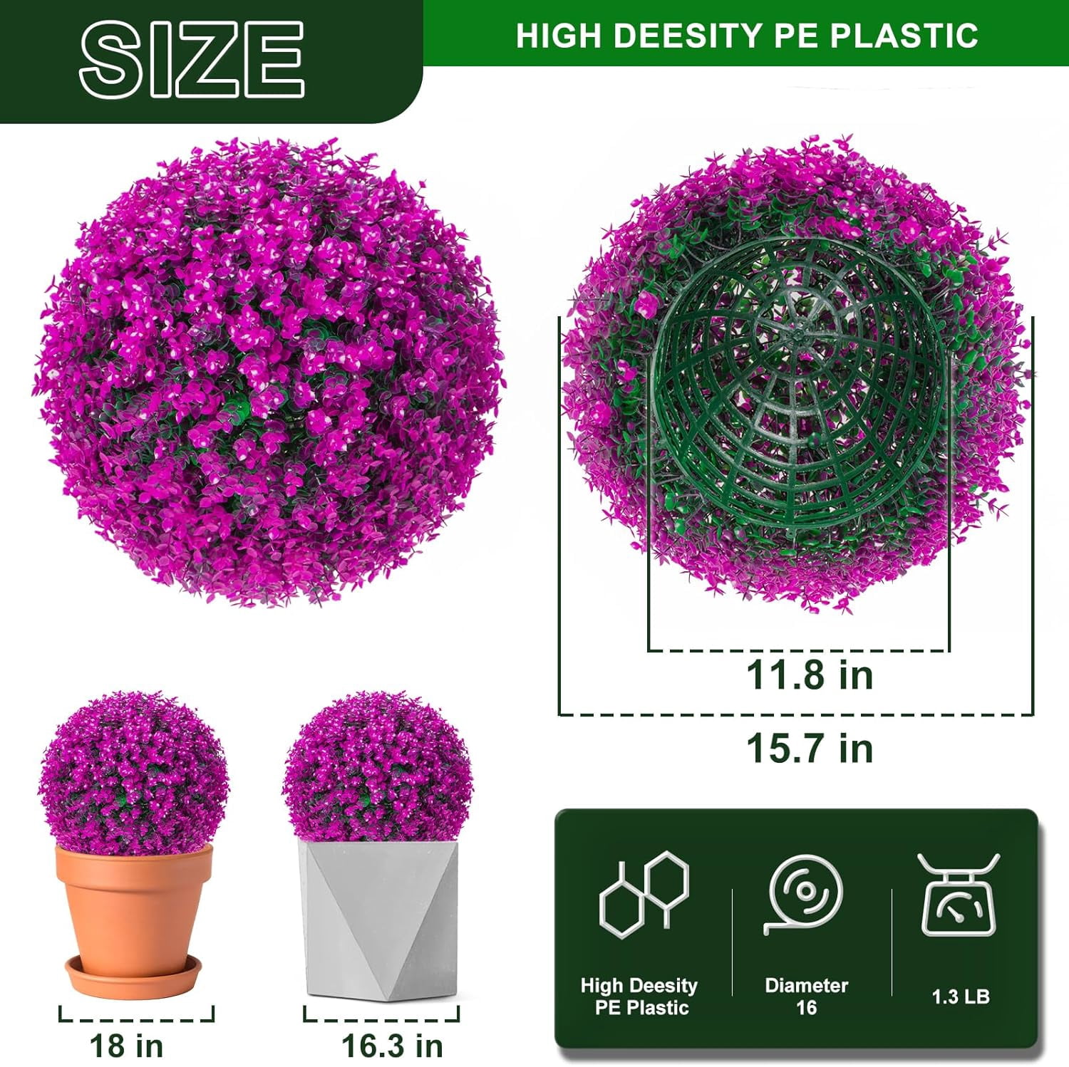 2 PCS 16 Inch Artificial Plant Purple Eucalyptus Topiary Ball, Anti-Fading Faux Decorative Boxwood Balls, Hanging Fake Plants Balls for Garden, Wedding Party, Patio Indoor Outdoor Decor