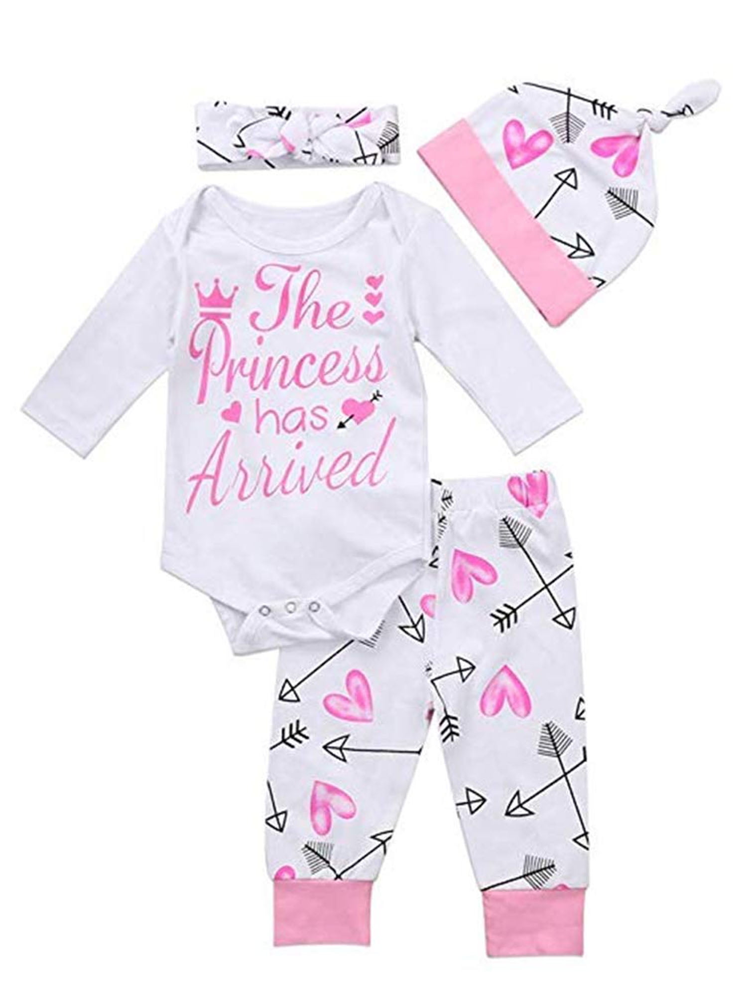 4PCS Newborn Infant Baby Girl Outfits Clothes Romper Jumpsuit Bodysuit+Pants Set