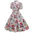 thumbnail image 2 of ICHUANYI Clearance Women Printing Short Sleeve Puff Sleeves Lace Zipper Dress A-Line Skirt(Beige, M) ICHUANYI WER2023081106616, 2 of 7