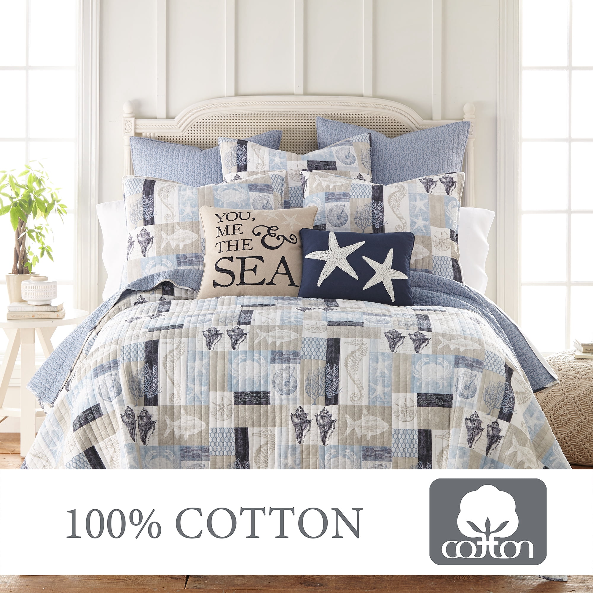 Levtex Home - Cerralvo Full/Queen Quilt Set - Coastal Patchwork - Taupe, Cream, Navy, and Blue - Quilt Set Size 88x92in. and two Shams size 20x26in. - Reversible - Cotton Fabric