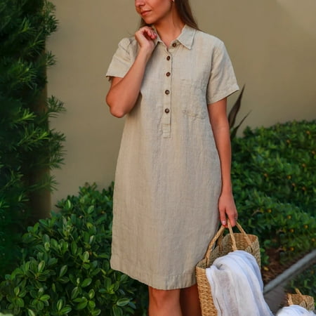 

Jsaierl Cotton Linen Dresses Women Short Sleeve Summer Plus Size Midi Dress Elegant Solid Color V Neck Dress Breathable Classic Buttons Dresses 2023