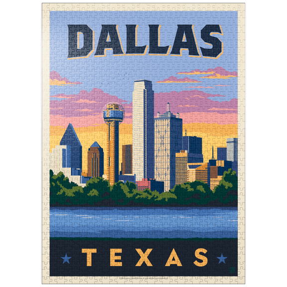 MyPuzzle - Dallas, Texas: Downtown River View, Vintage Poster - Premium 1000 Piece Jigsaw Puzzle for Adults