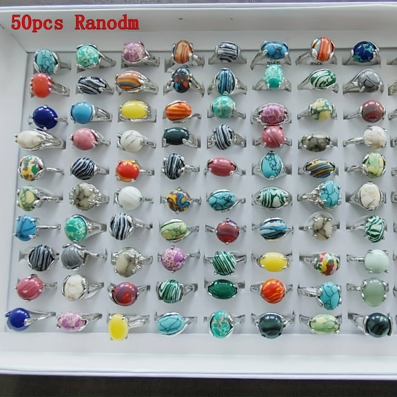 50pcs Colorful Gemstone Rings for Women Wholesale Bulk for Resale, Statement Ring, Party Wedding Gifts