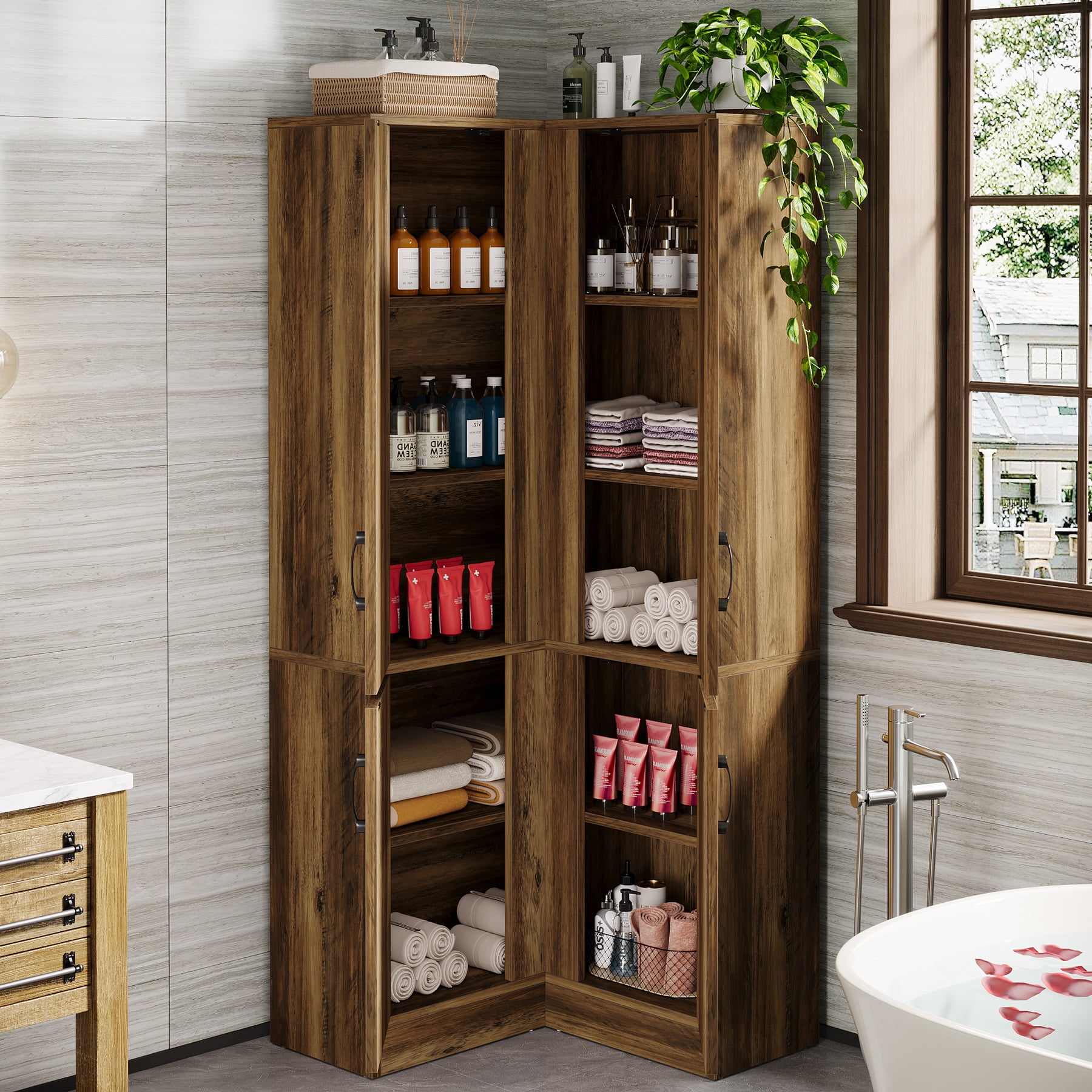 Tribesigns 70.8" Tall Corner Cabinet, Farmhouse Storage Cabinet with 4 Doors & 5 Storage Shelves