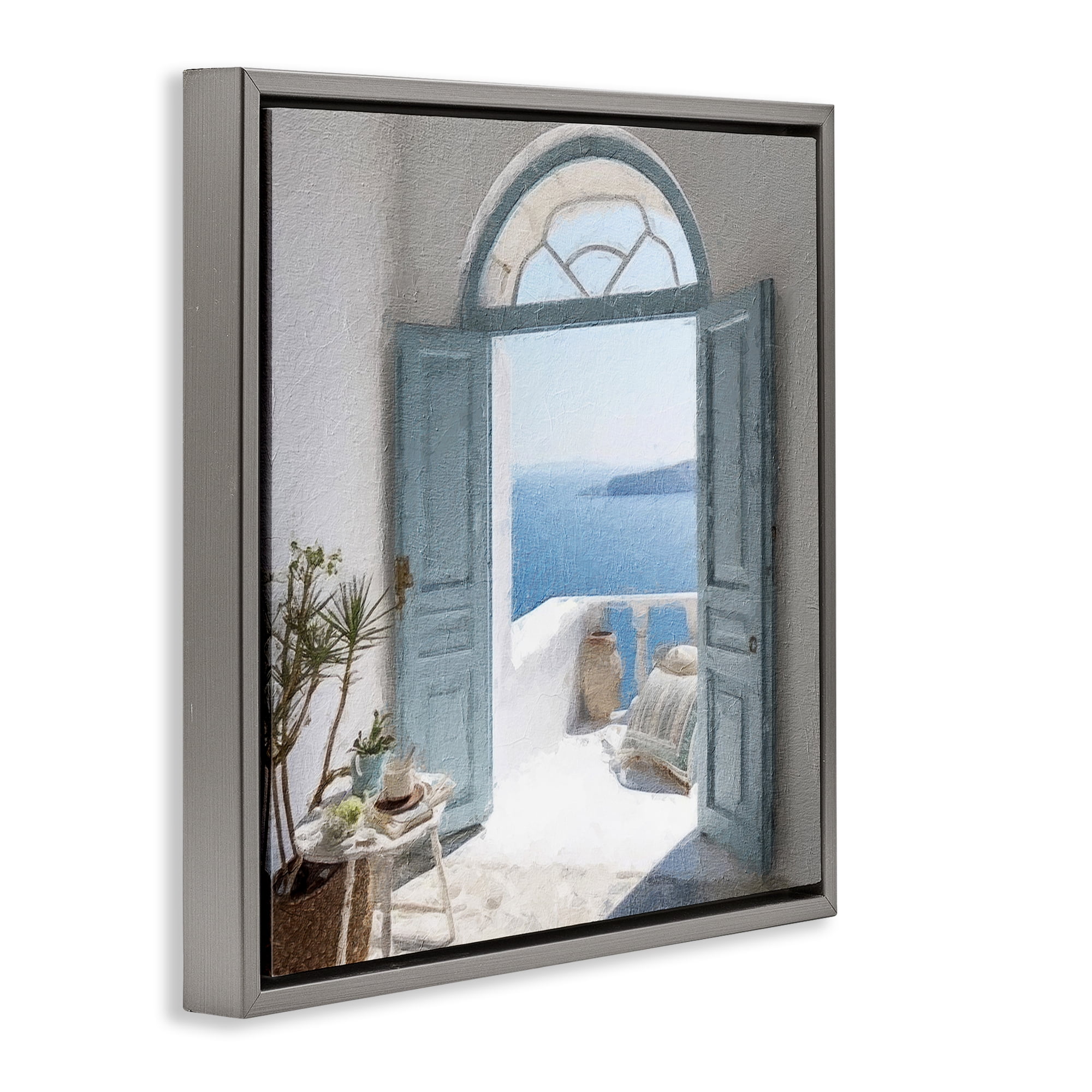 Stupell Industries Open Doorway to Sea Town & City Painting Gray Floater Framed Canvas Art Print Wall Art, 25 x 25
