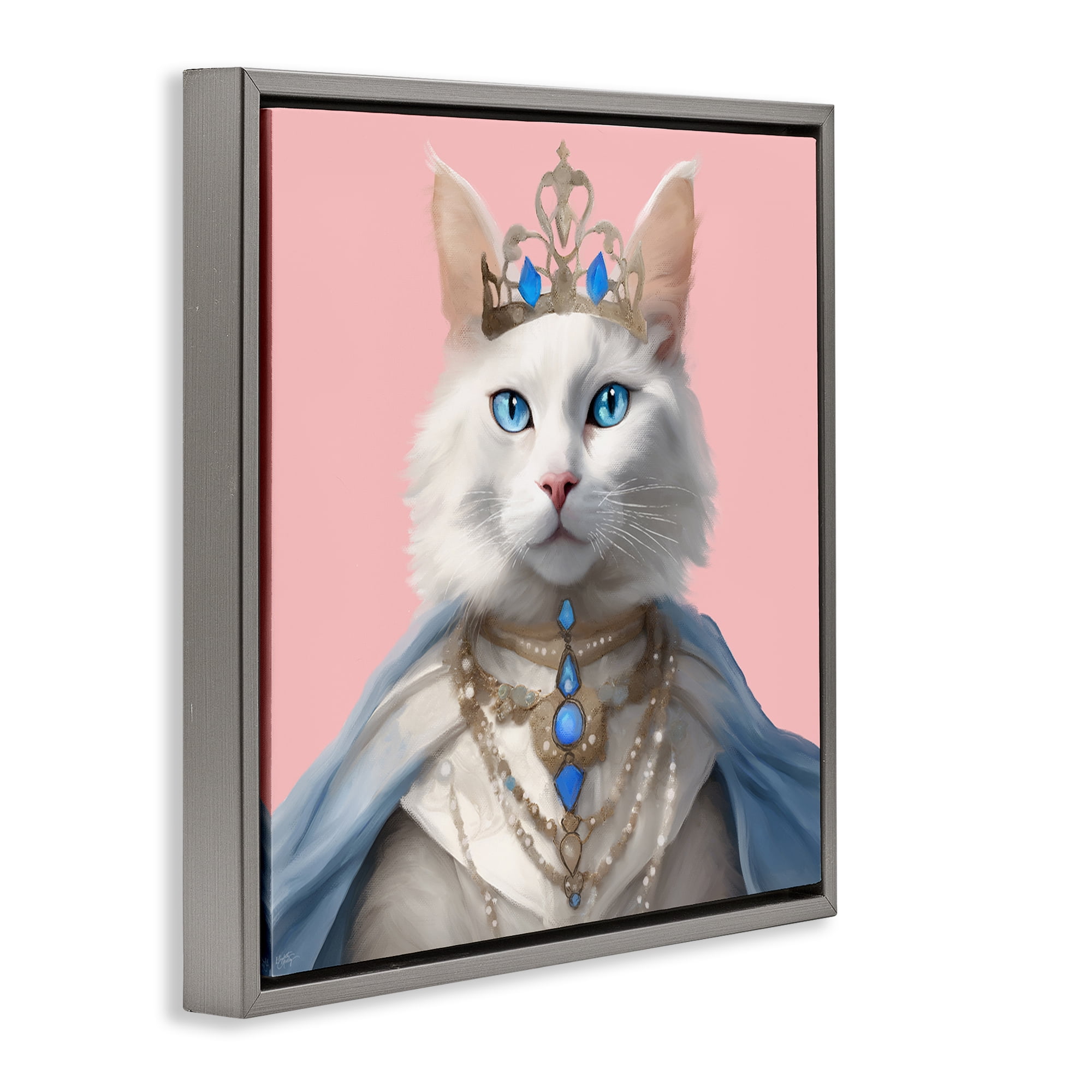 Stupell Industries Feline Princess with Crown Novelty & Humor Painting Gray Floater Framed Canvas Art Print Wall Art, 18 x 18