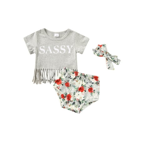 

COUTEXYI Baby Girls Summer Clothes Letter Print Short Sleeve T-shirt Tops with Fringe and Casual Shorts Headband Set