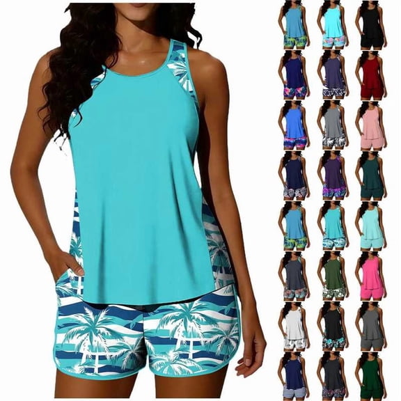 Summer Two Piece Printed Tankini Swimsuits for Women Tummy Control Sporty Modest Bathing Suit Swim Shorts with Pockets