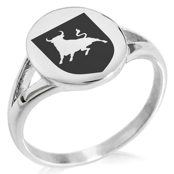 Stainless Steel Bull Bravery Coat of Arms Shield Minimalist Oval Top Polished Statement Signet Ring
