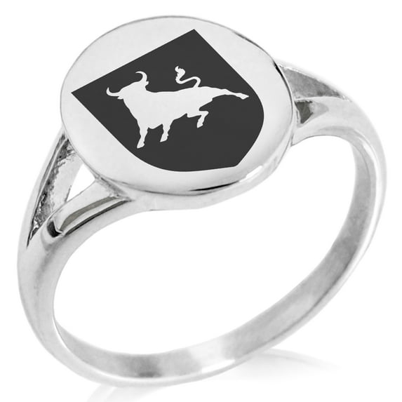 Stainless Steel Bull Bravery Coat of Arms Shield Minimalist Oval Top Polished Statement Signet Ring