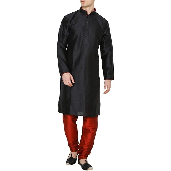Royal Kurta Men's Dupion Silk Contrast Piping Kurta Churidar Black