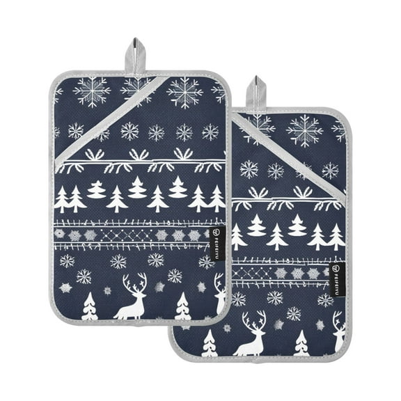 Deer Christmas Snowflake Pattern Pot Holders Set of 2 Heat Resistant Kitchen Oven Gloves Potholder Cooking Baking Microwave Mitts
