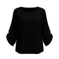 thumbnail image 6 of Xaqiouau Women's Solid Color Round Neck Three-Quarter Sleeve Pullover Linen Blend Lightweight Breathable Summer Casual Blouse Black XXL, 6 of 7