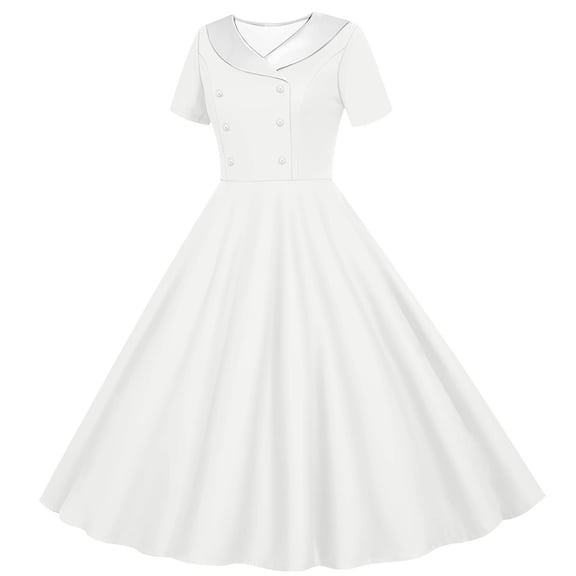 FRSASU Girl's 1950s Retro Dress Short Sleeve Polka Dot Cocktail Swing A Line Midi Dresses Party Evening Prom Gowns White-A